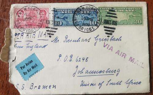USA airmail cover King`s Bridge New York to Johannesburg 1937, with 2 airmail stamps 1926