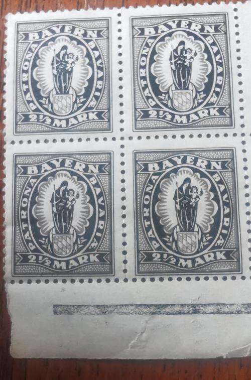 Old Germany Bayern Bavaria 1920 block of 4, 3 and pair of 2 1/2 Mark stamps MNH