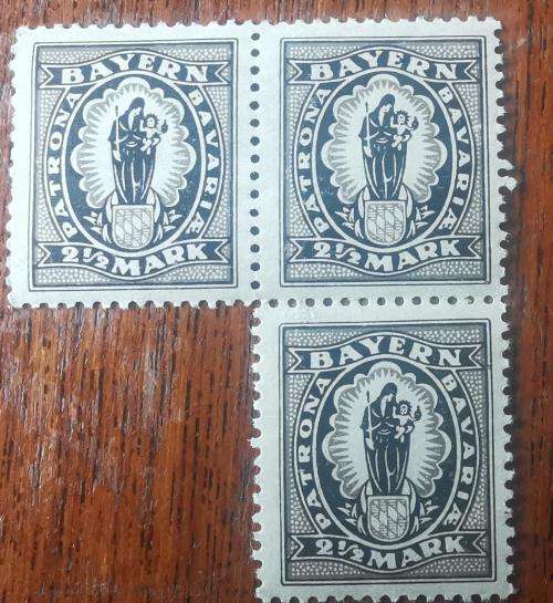 Old Germany Bayern Bavaria 1920 block of 4, 3 and pair of 2 1/2 Mark stamps MNH