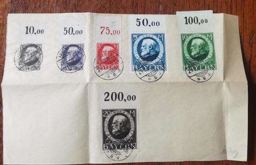 Old Germany Bayern Bavaria 1920 set of 6 high-value stamps 1M to 20M used on folded paper