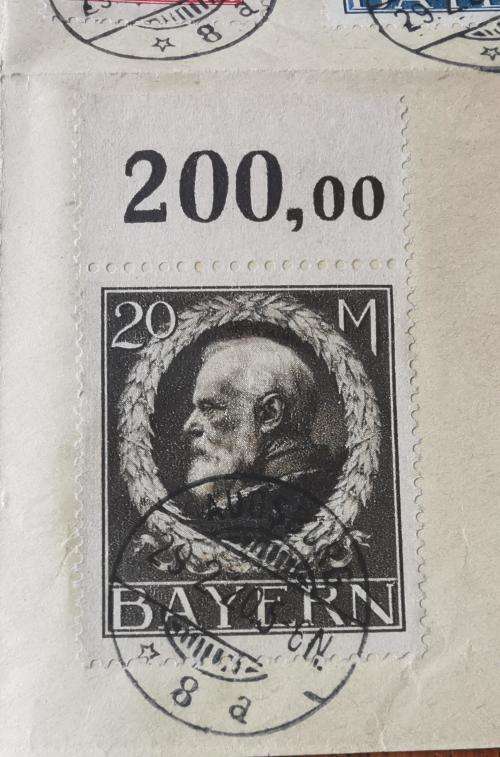 Old Germany Bayern Bavaria 1920 set of 6 high-value stamps 1M to 20M used on folded paper