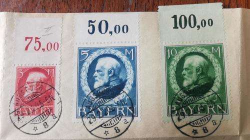 Old Germany Bayern Bavaria 1920 set of 6 high-value stamps 1M to 20M used on folded paper