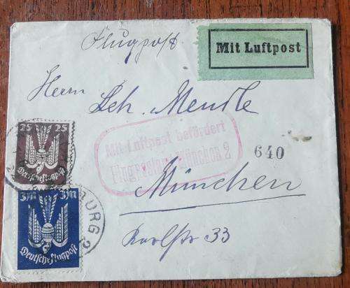 Germany German Reich airmail cover to Munich 1922, 25pf and 3M stamps