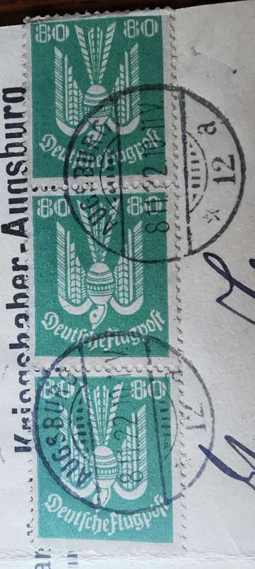 Germany German Reich corporate postcard Augsburg to Munich 1922, 60pf and 80pf strip of 3