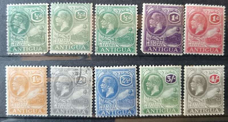 Antigua 1921 to 1929 part set of 10 MH George V stamps - 1/2d to 4 shillings