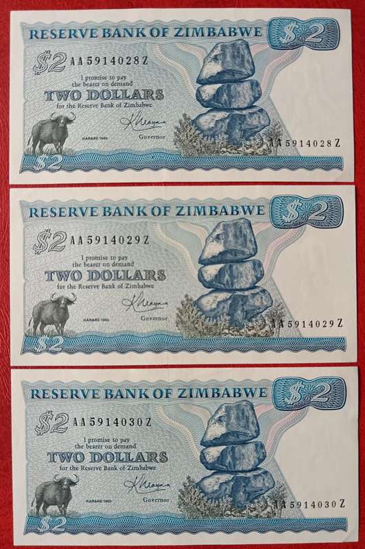 Zimbabwe $2 1983 Harare 3 UNC notes in sequence - Series AA-Z