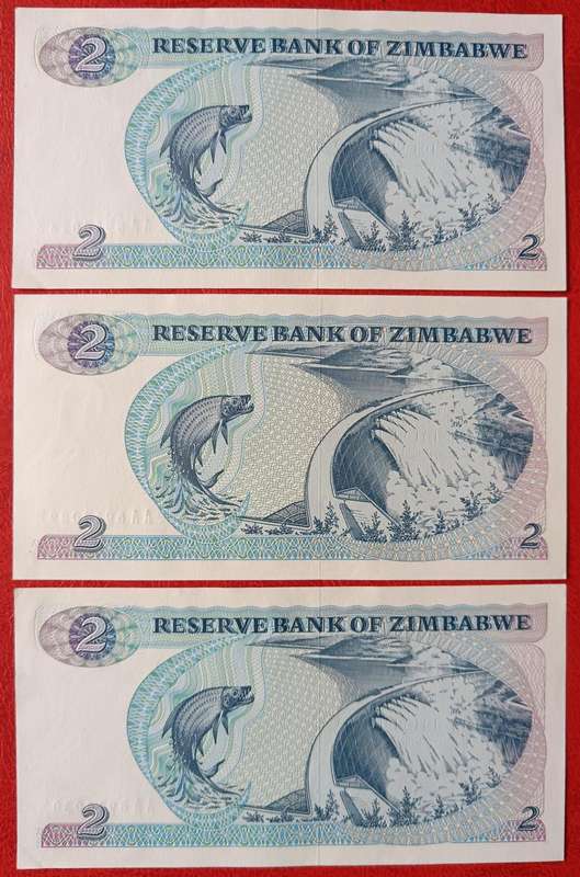 Zimbabwe $2 1983 Harare 3 UNC notes in sequence - Series AA-Z