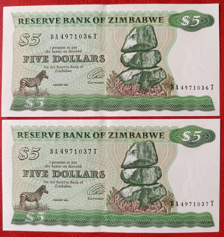 Zimbabwe $5 1994 2 UNC notes in sequence - Series BA-T - not perfect