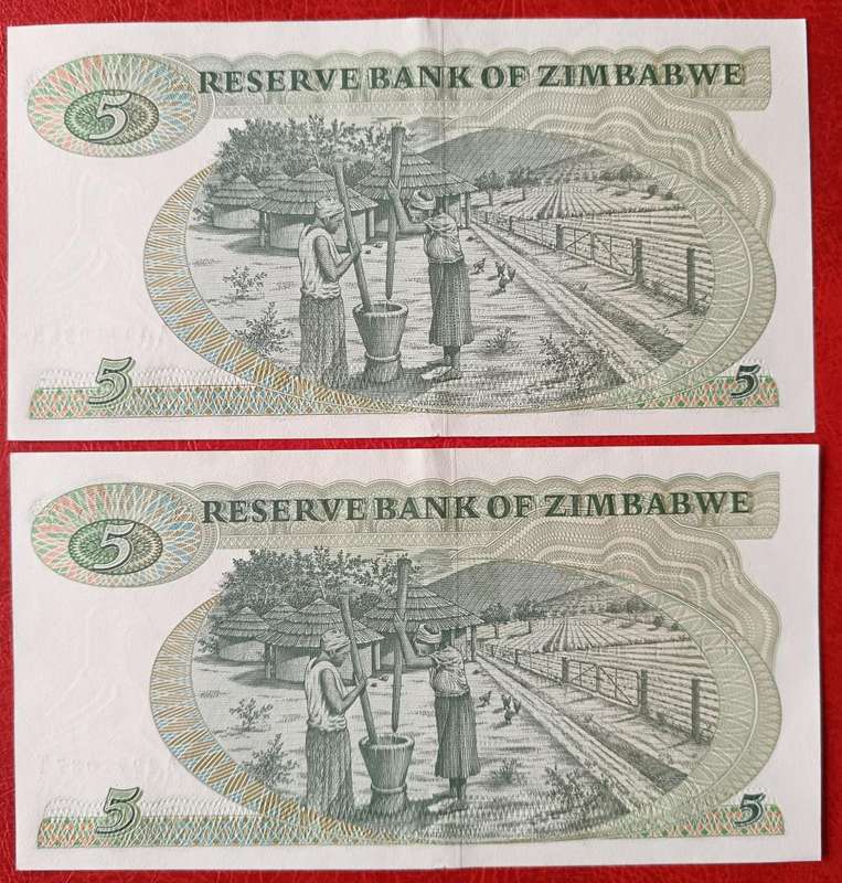 Zimbabwe $5 1994 2 UNC notes in sequence - Series BA-T - not perfect