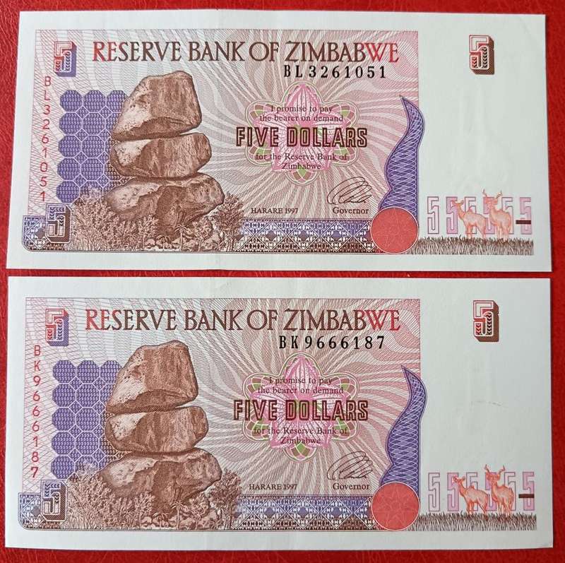 Zimbabwe $5 1997 2 UNC notes - Series BK and BL