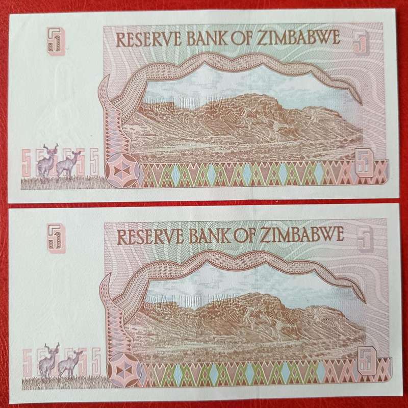 Zimbabwe $5 1997 2 UNC notes - Series BK and BL