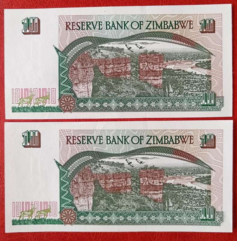 Zimbabwe $10 1997 2 UNC notes in sequence - Series CG