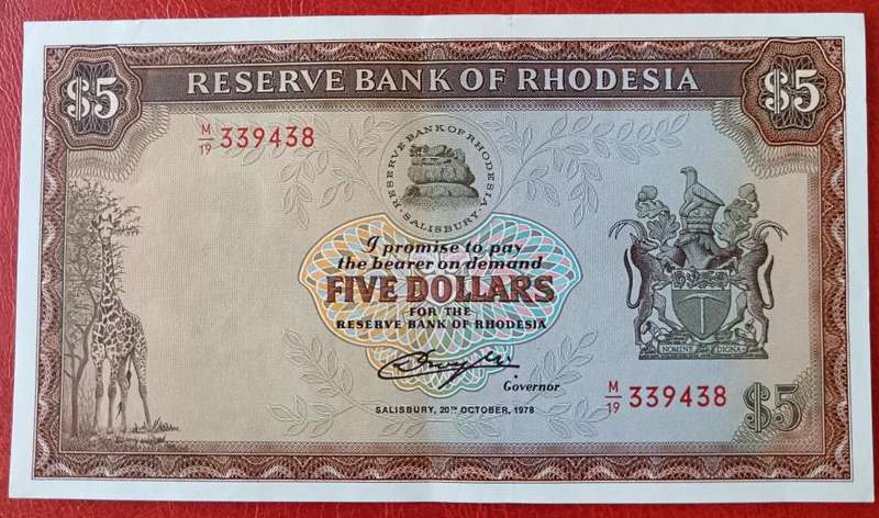 Rhodesia $5 1978 UNC with slight centre fold - Rhodes watermark - price reduced!