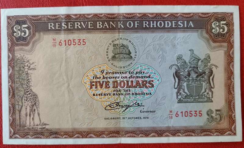 Rhodesia $5 1978  - Rhodes watermark