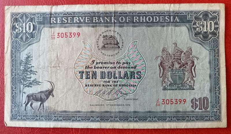 Rhodesia $10 1975 used