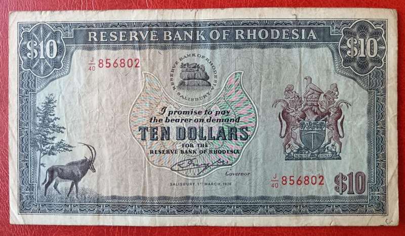 Rhodesia $10 1976 used