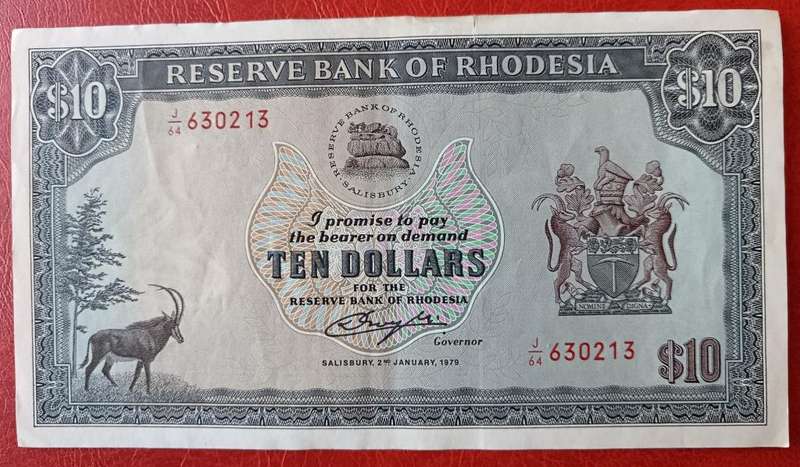 Rhodesia $10 1979 crisp but not perfect