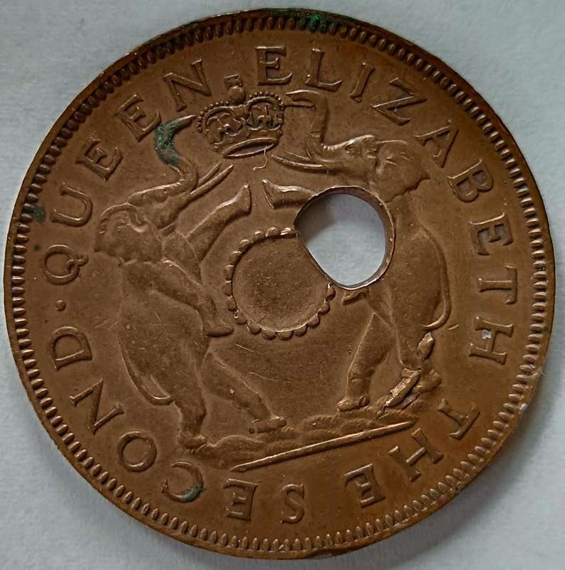 Rhodesia & Nyasaland 1 Penny 1957 error strike off-centre hole
