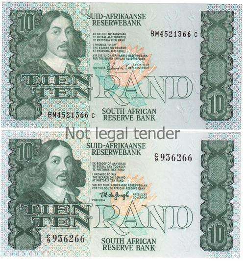 South Africa R10 2 UNC notes - 1 De Jongh (C9) and 1 G De Kock (BM)
