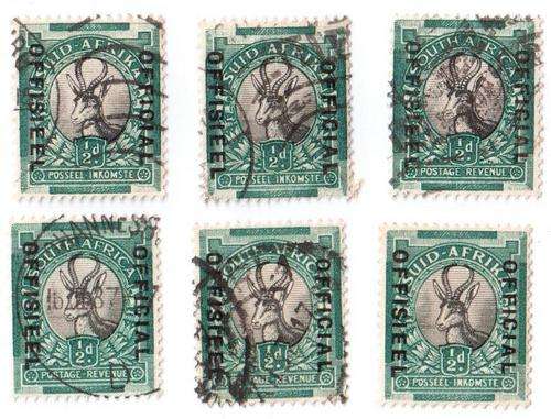 Lot of 6 Springbok 1/2 d official stamps - 1 unused