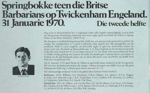 Rugby. Springbokke teen Britse Barbarians. Twickenham, 31 Jan 1970. 2 Plate.