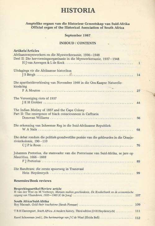 Historia Sept 1987.  Mynwerkersunie.  Vereeniging riots of 1937,  Die Randtram.