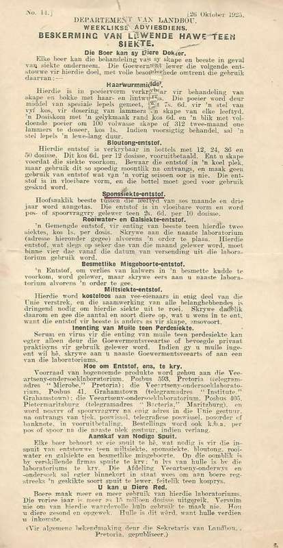 Pamplette oor Beesboerdery: Weeklikse adviesdiens-Landboudepartement. 1925. SKAARS!