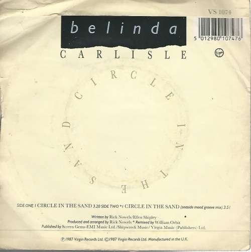 Belinda Carlisle. Circle in the Sand.  7` Single. With picture sleeve. UK Printing.