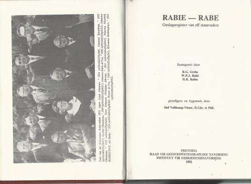 Rabie-Rabe.Geslagsregister van 11 stamvaders. RGN. Toestand: Soos nuut.