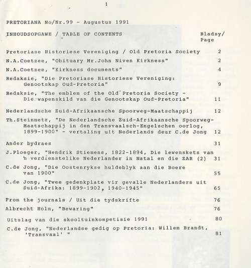 Pretoriana. Tydskrif / Magazine. Nr 99. Aug 1991.