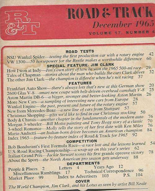 Road and Track. Magazine. Dec 1965. VW 1300 Beetle. Jim Clark, Colin Chapman.
