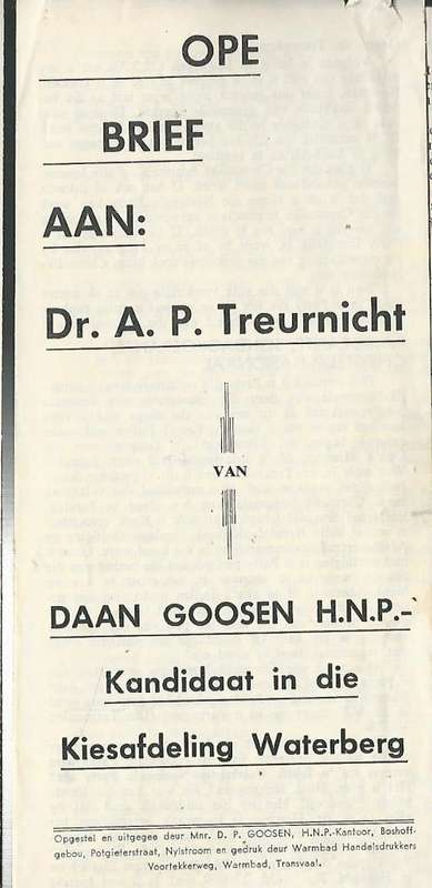 Ope Brief aan Dr. A.P. Treurnicht van Daan Goosen HNP. SKAARS!!