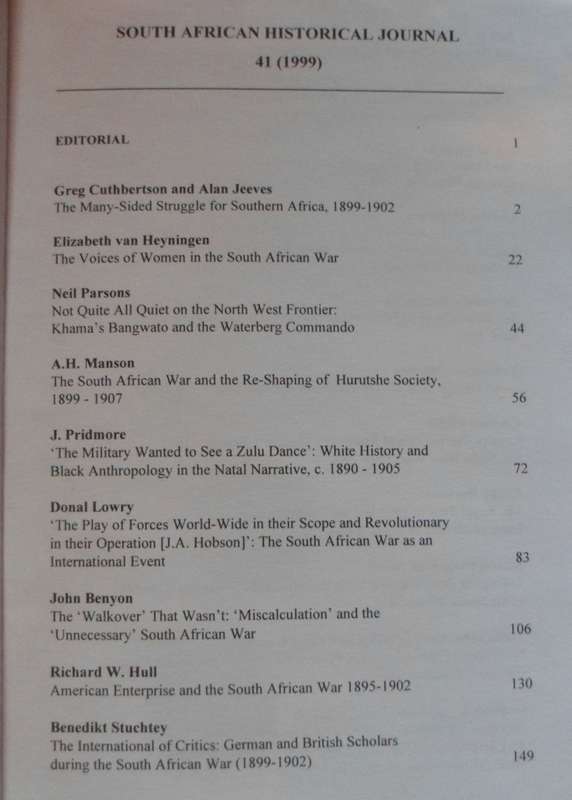 S.A. Historical Journal. 1999. Special issue: South African War 1899-1902.