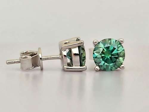 2ct Round Brilliant Cut Blue-Green (Aqua) Moissanite Stud Earrings |Rhodium Over 925 Sterling Silver