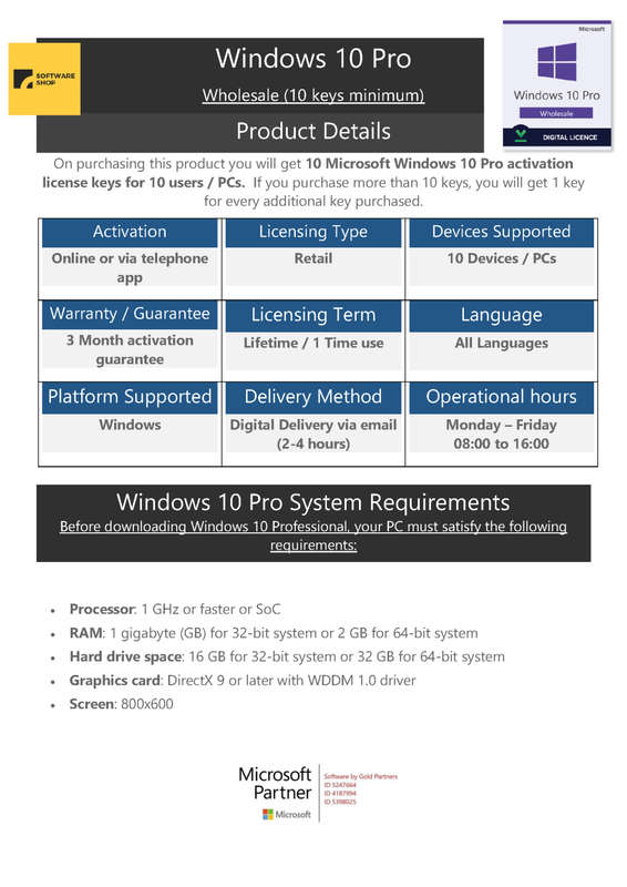 WHOLESALE | Windows 10 Professional | 1 PC activation keys | Online or by telephone app