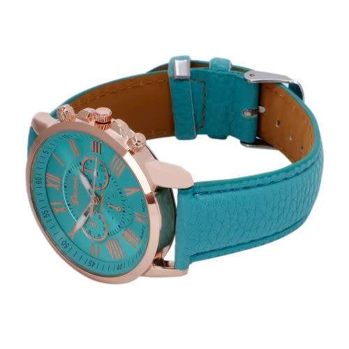 Women Faux Leather  Stylish Geneva Roman Numerals Analog Quartz Wrist Watch