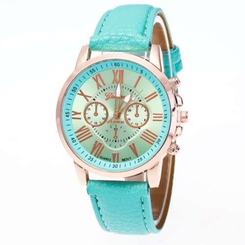 Women Faux Leather  Stylish Geneva Roman Numerals Analog Quartz Wrist Watch