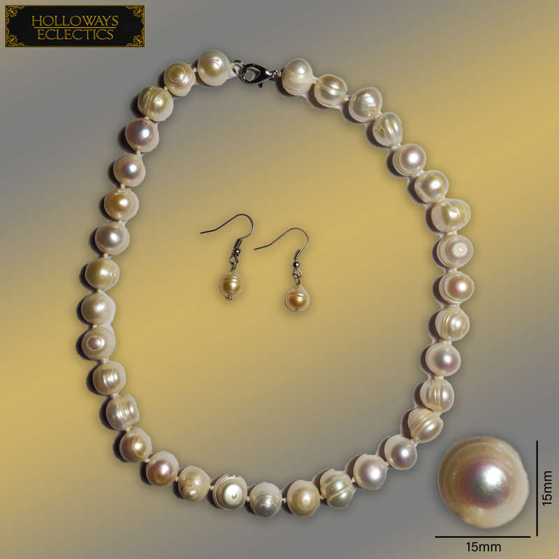 Huge 15mm Pearl Necklace With Earrings Set