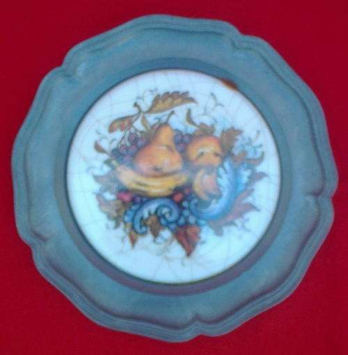 Lovely small PEWTER WALL PLATE WITH TILE (fruit painting) IN MIDDLE.