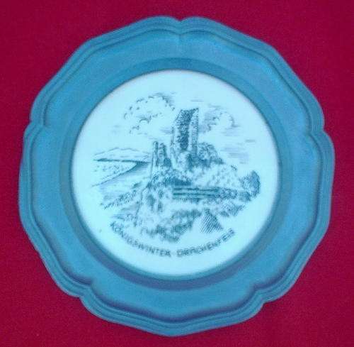Lovely small PEWTER WALL PLATE WITH TILE ("Konigswinter-Drachenfels") IN MIDDLE.