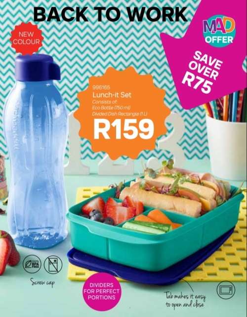 Tupperware Divided dish rectangle &  Eco 750ml screw cap bottle