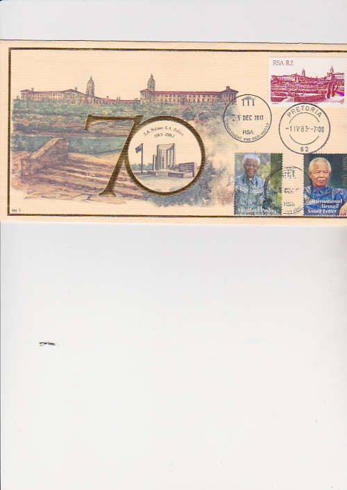 union buildings . 70 years of s.a police . stamped in parliment , with nelson mandela stamps .