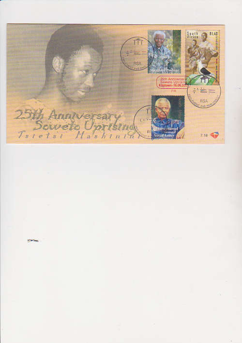 25 anniversary of the soweto uprising . with parliment cancellation and two nelson mandela stamps