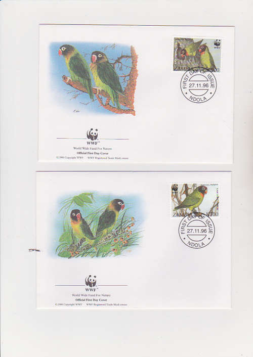 WWF F.D.C. ON BLACKCHEEKED LOVEBIRDS .