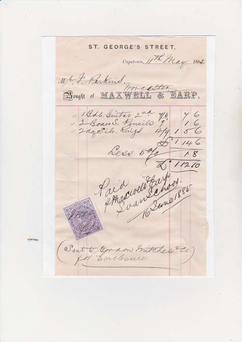 1885 dated invoice from maxwell & earp  with a  cape of good hope stamp stating the stamp act 1864