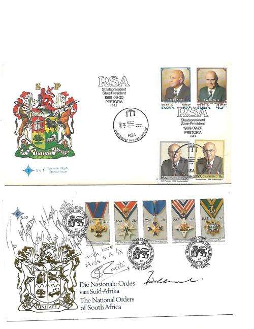 NATIONAL ORDER OF SA 5.12 . SIGNED BY F W . DEKLERK AND MISS SA 1998 + STAT PRES WITH EXTRA STAMPS