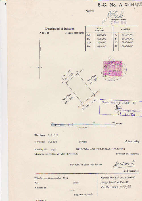 UNION OF SOUTH AFRICA REVENUE STAMP ON S.G NO A 2864/48 FORM FROM LAND SURVEYER DATED 1948
