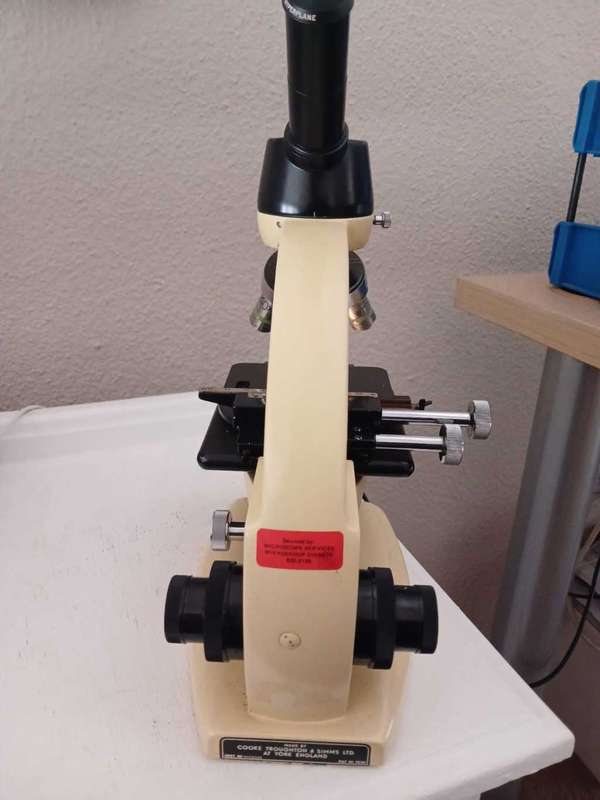 Vintage (Rare cream colored)  Cooke Troughton & Simms Microscope, three lens with light source