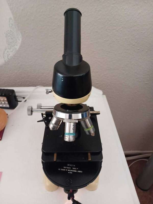 Vintage (Rare cream colored)  Cooke Troughton & Simms Microscope, three lens with light source