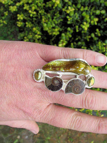 Big sterling silver Ammonite ring with biwa pearl